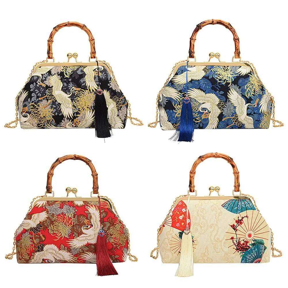 Rattan Handle Evening Clutch Red Crowned Crane Print Tassel Chain Shoulder Bags Crossbody Bag For Women Bride Wedding