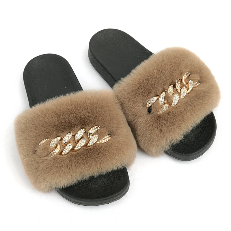 Fashion Women Furry Slippers Ladies Shoes Plush Rex Rabbit Fur Fluffy Sandals Womens Fur Slippers Winter Warm Slippers 250717