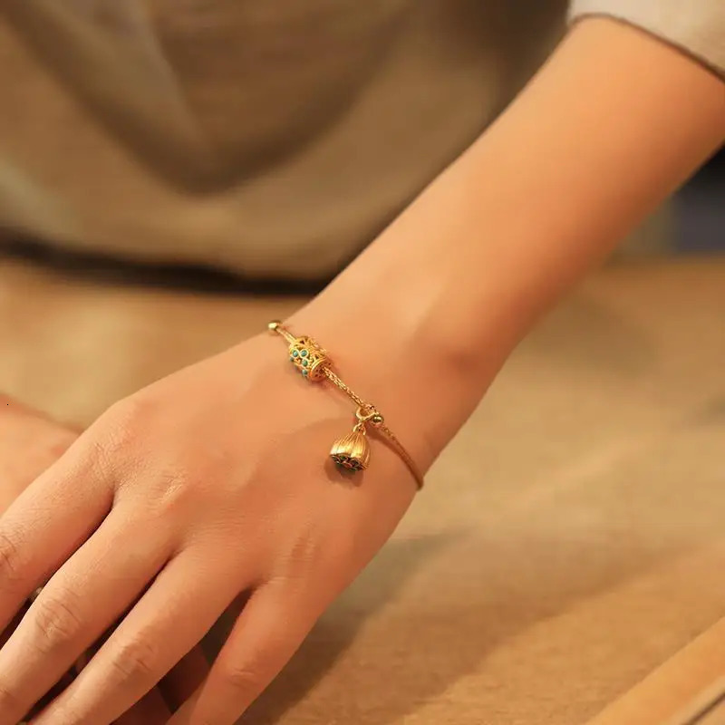 Ancient gold craftsmanship inlaid turquoise lotus with adjustable bracelet temperament retro ancient ladies jewelry 250712