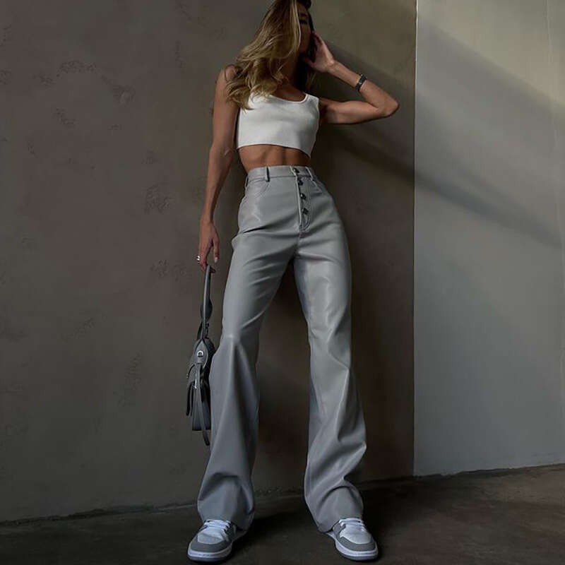 New Arrival Autumn Winter Women's PU Solid Color High Waist Straight Casual Leather Pants B5