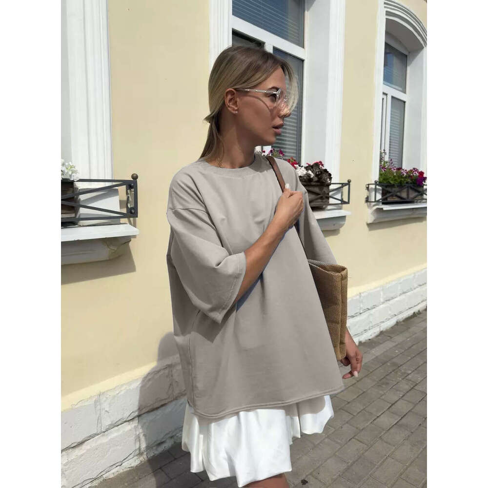 Pure Cotton T-Shirt For Women, Frayed Crew Neck, Terry Cloth, Short Sleeve, Loose Basic Top B5