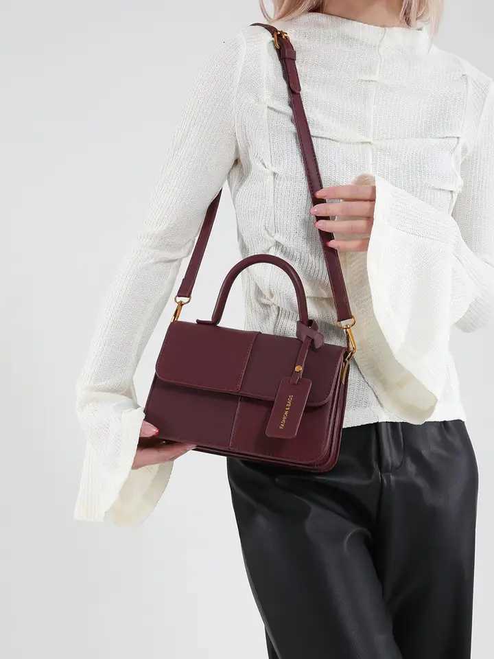 Burgundy PU Leather cross color design niche handbag versatile crossbody small square bag Y250718