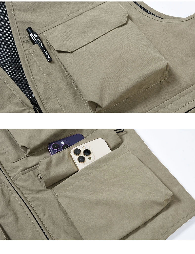 FGKKS Mens Fashion Vest Solid Color Tooling Style Waistcoat Thin Multi-Pocket Casual Loose Vest for Men 250717