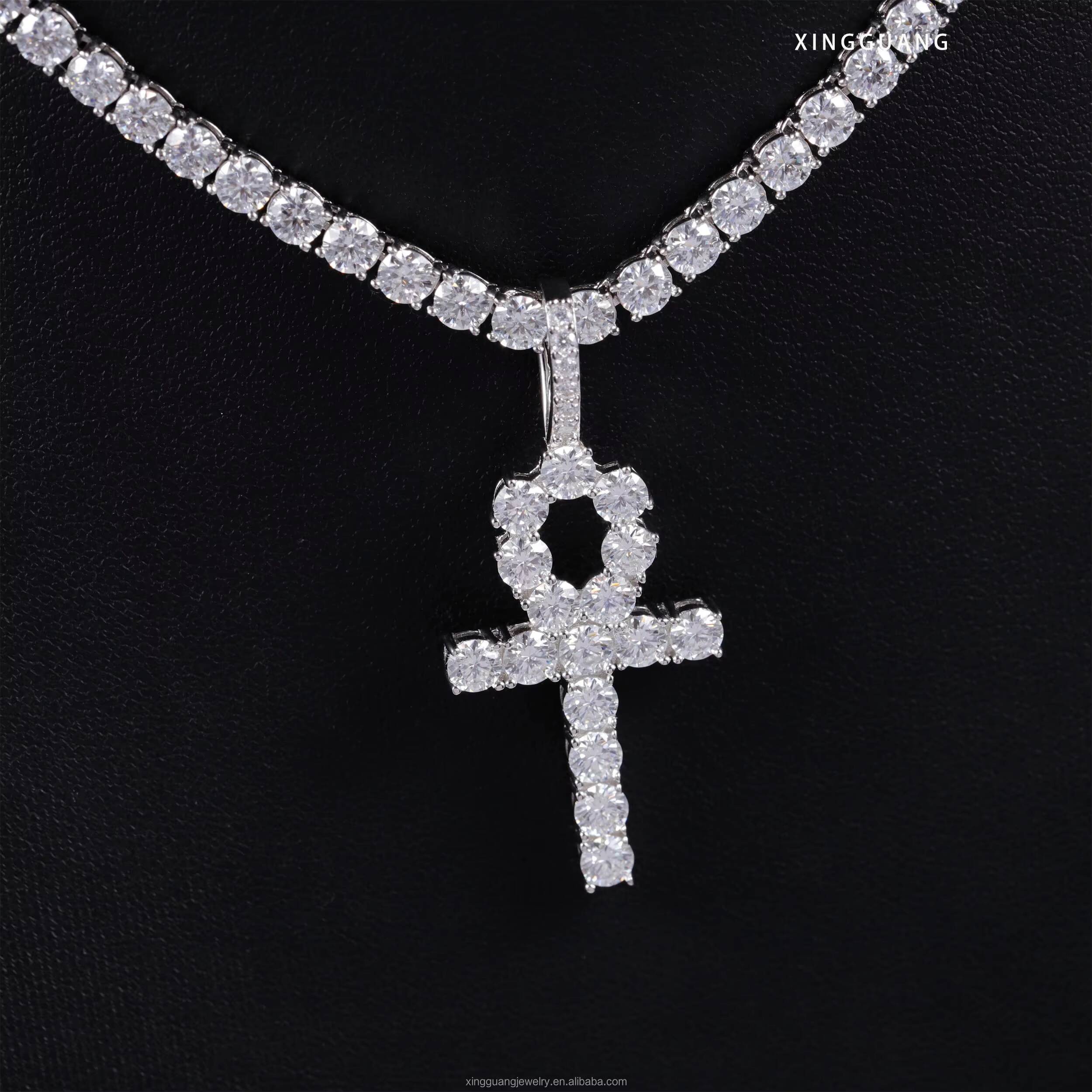 RTS Cross Shape VVS Moissanite Diamond 925 Silver Pendantwith Rope Chain for Fashion Jewelry