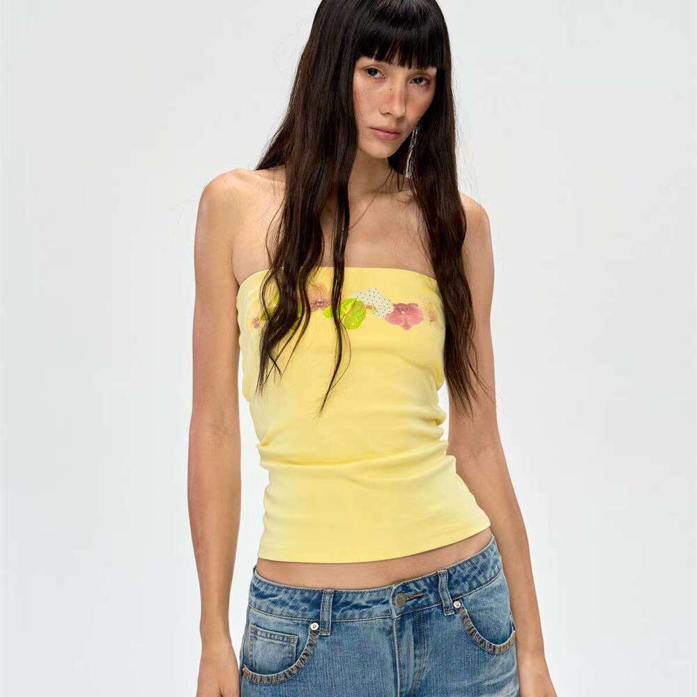 Spicy Girl Pure Desire Floral Print Tube Vest Summer Vacation Style Fresh Top B5