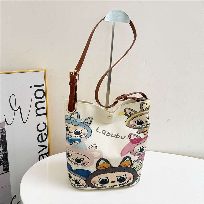Versatile Cute Cartoon Bucket Canvas 2024 New Textured Painted Casual Shoulder Crossbody Bag