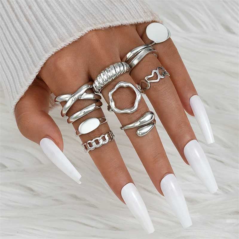 Punk Vintage Irregular Liquid Metal Finger Rings Set for Women Men Flower Geometric Pearl Open Rings Luxury Trendy Jewelry X250718