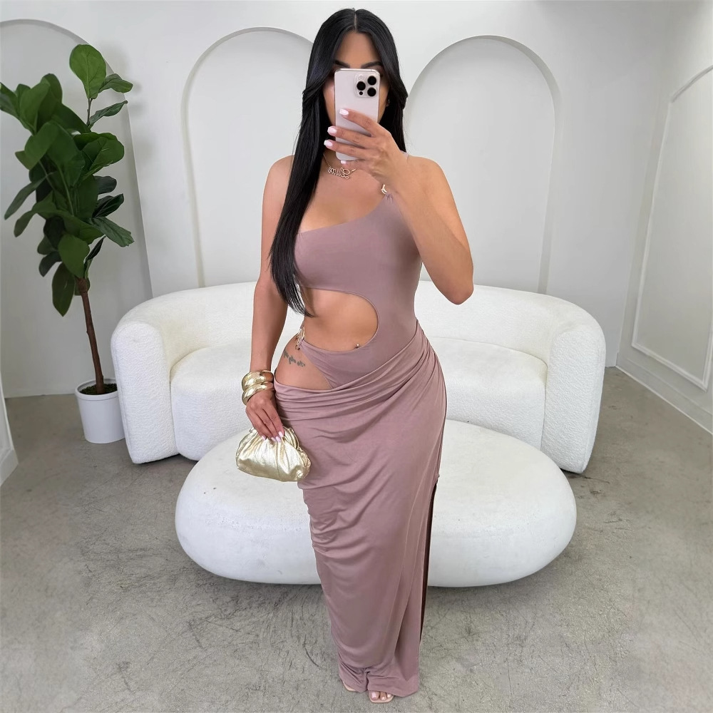 New Fashionable Evening Dress Solid Color Elegant Slim Sexy Hollow Design Long Dress Bodycon Dress for Women