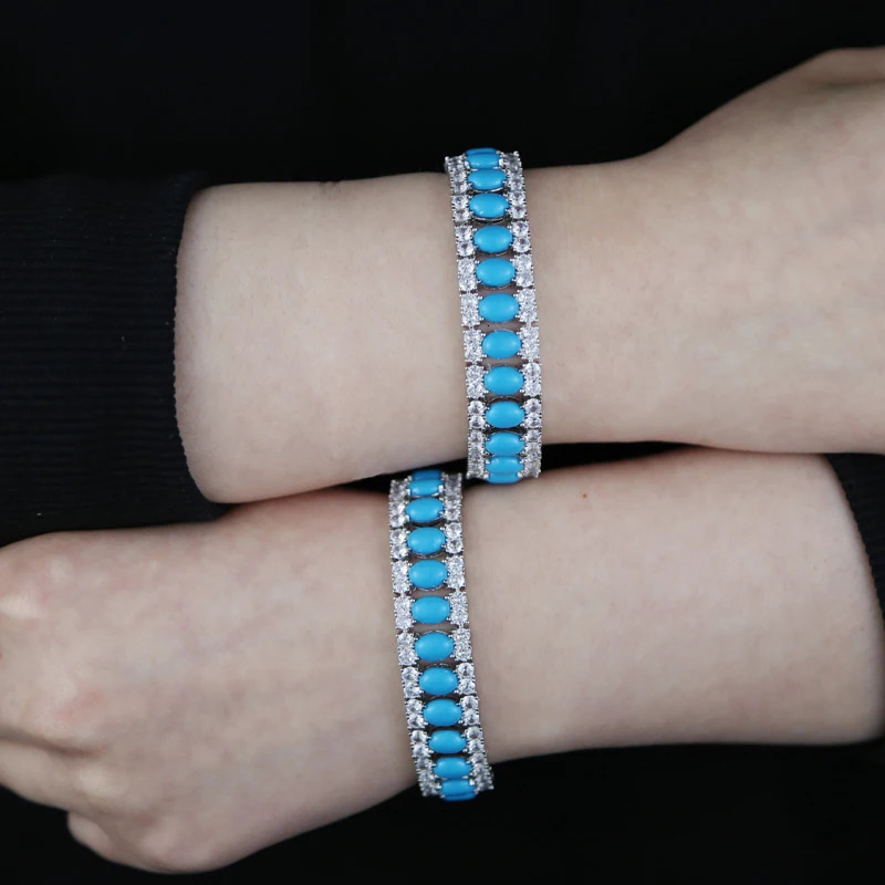 Fashion Jewelry Turquoise Blue Double Row White CZ Stone Tennis Bracelet for Women with Platinum Plated Color Chain 17cm 19cm 250717