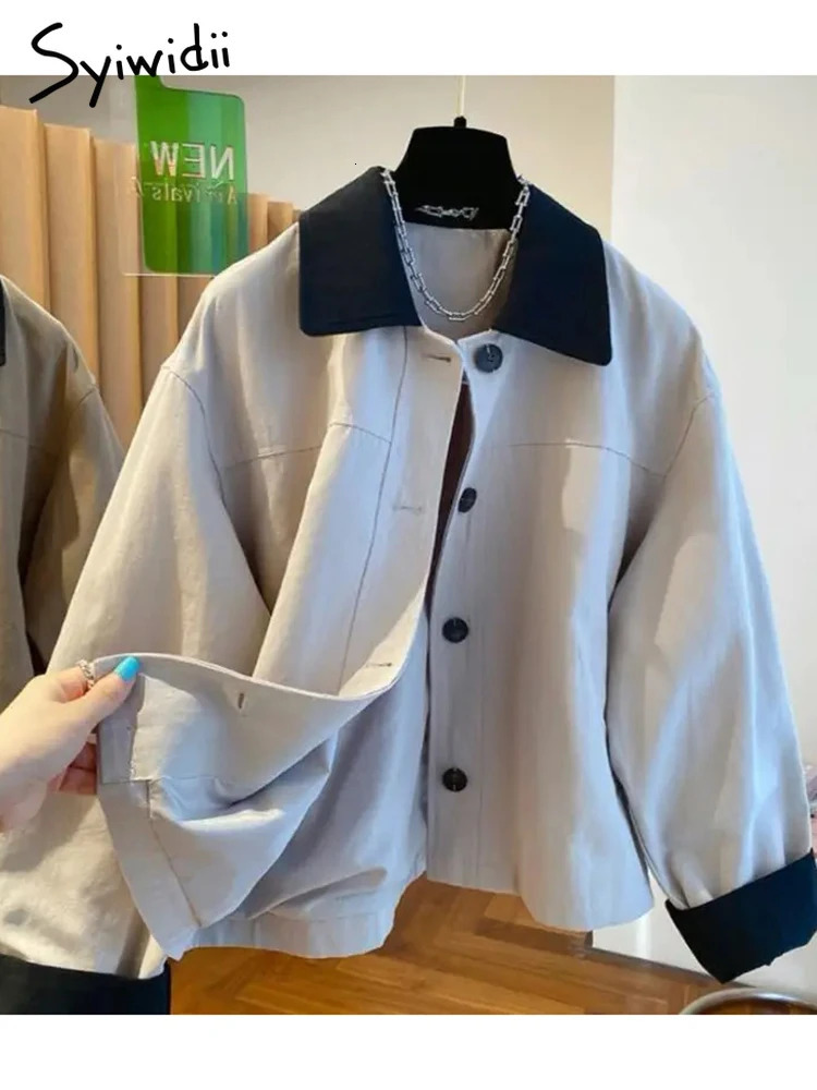 Syiwidii Contrast Color Lapel Jacket Women Casual Loose Long Sleeve Single Breasted Coat 2025 Fashion High Street Jackets 250715