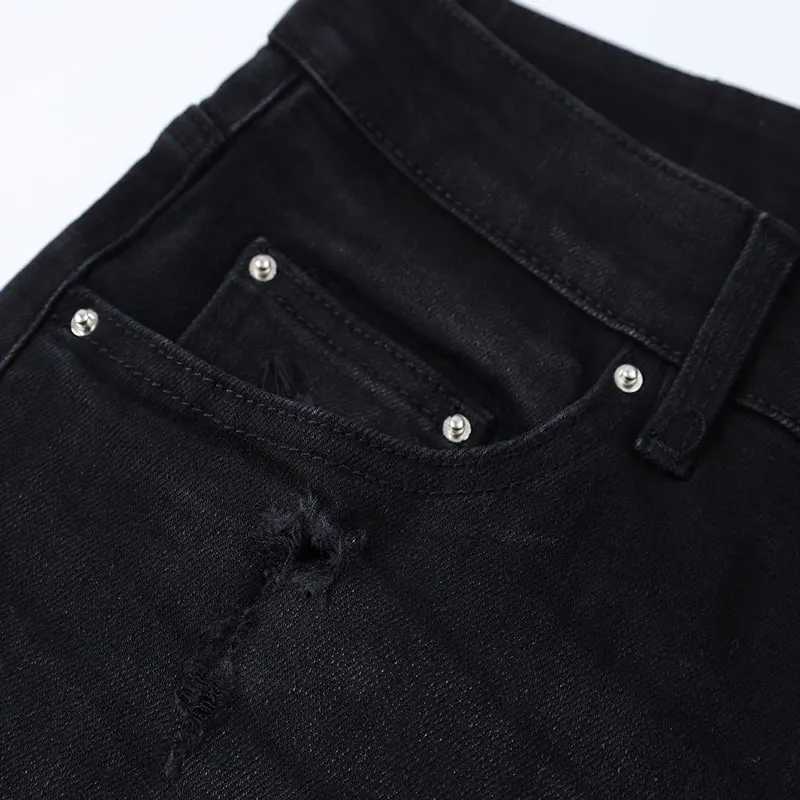 Designer Street Fashion Mens Jeans Washed Elastic Slim Fit Perforated Cashew Flower Patch Black Denim High Street Pants H X2507181