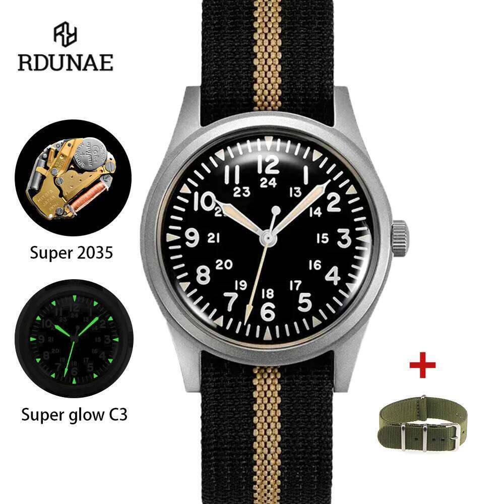 2025 New RDUNAE RA03 34.5mm Military Men Vintage Quartz Watch G10 Miyota 2035 Watches K1 Mineral Glass Stainless Steel Wristwatc free shipping