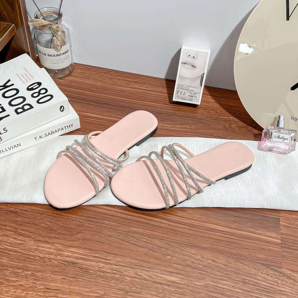 Flat for Women, Outdoor Wear, High-End Feel, Summer Versatile One-Strap Rhinestone Sandals, Fairy Style Women's Sandals
