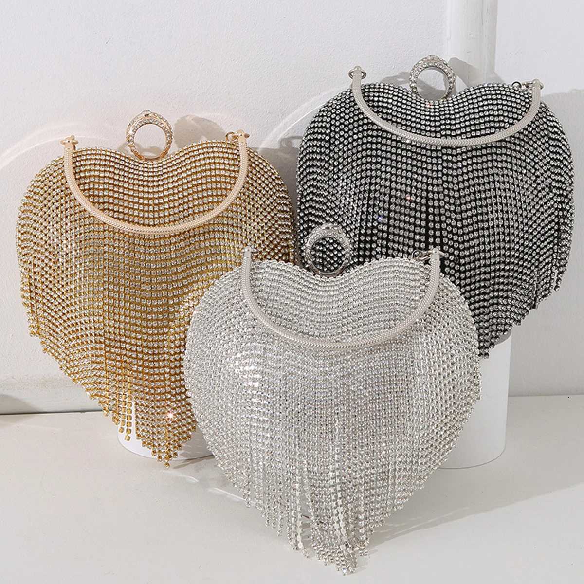 Rhinestone Evening Bag Heart Pattern Silver Handbag Womens Diamond Tassel Banquet Clutch And Purse Wedding Bridal Prom Wallets Y250717