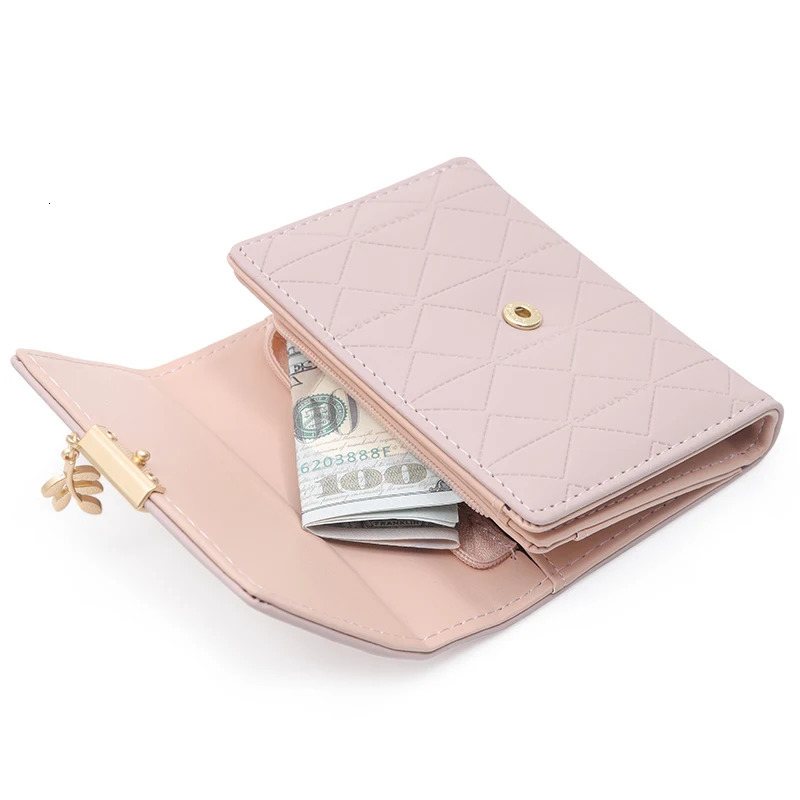Autumn and winter womens short wallet Japan and South Korea small fresh PU simple folding hardware leaf pendant three fold 250717