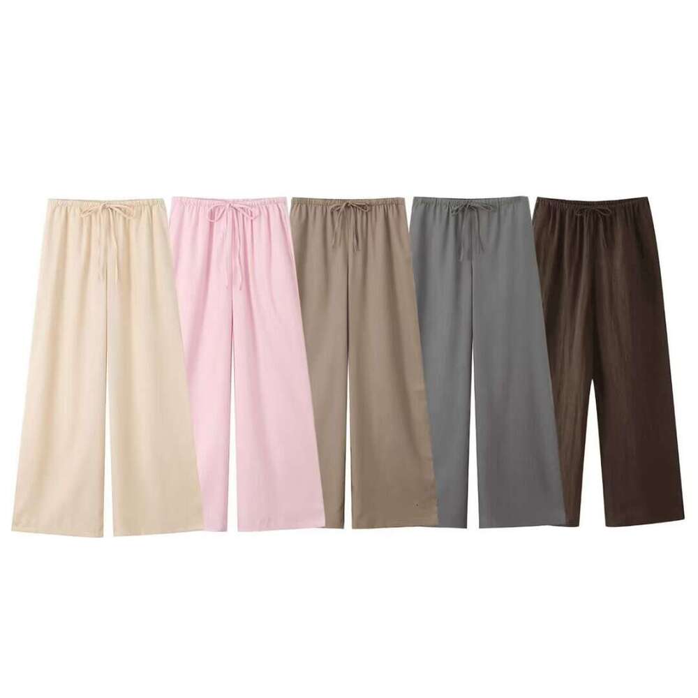 TRAFZA Women's Clothing Spring New Linen Tie Top And Pants Set B5