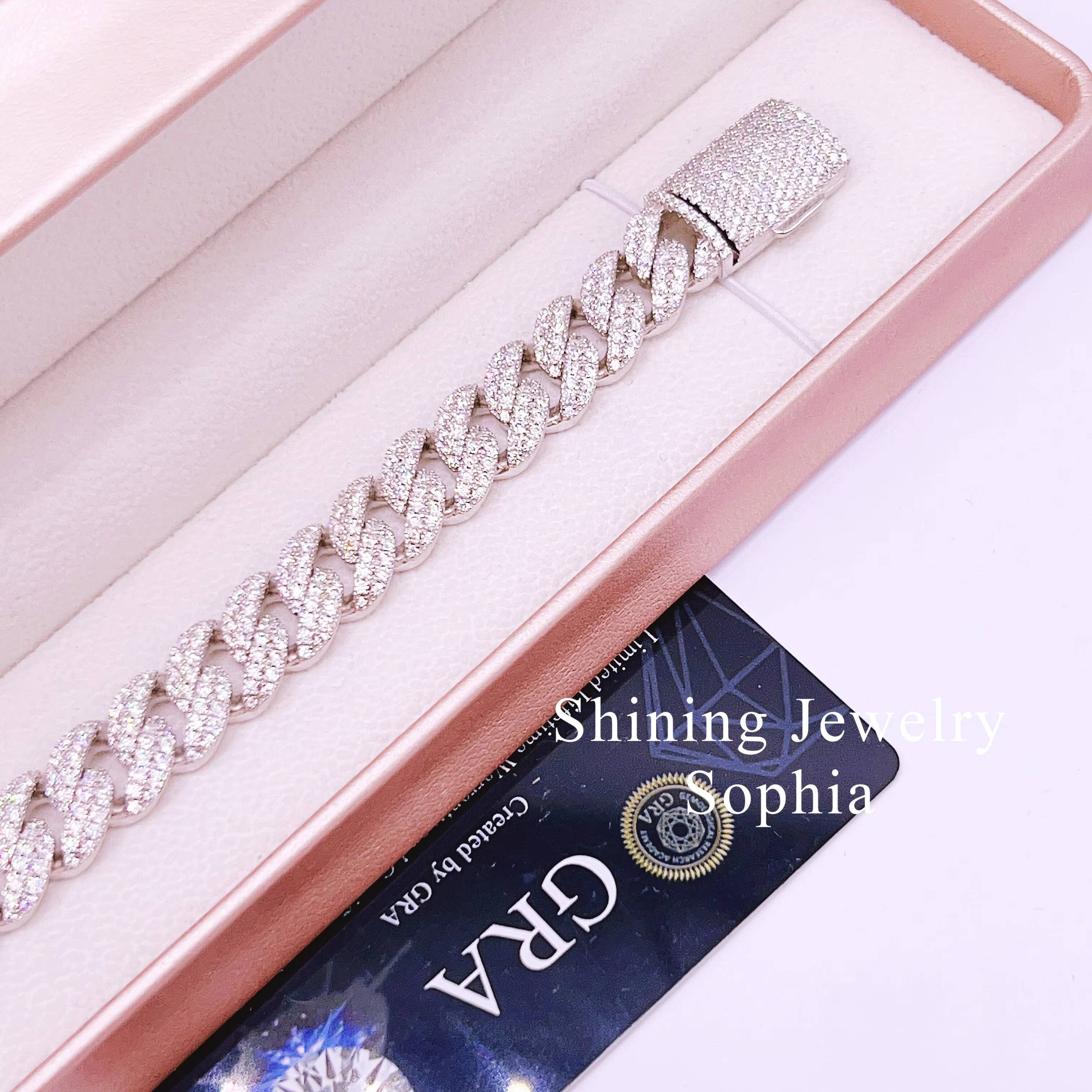 Fine Jewelry Bracelet 12MM 2Row Hip Hop Jewelry 925 Sterling Silver D-VVS1 Moissanite Diamond Cuban Link Bracelet