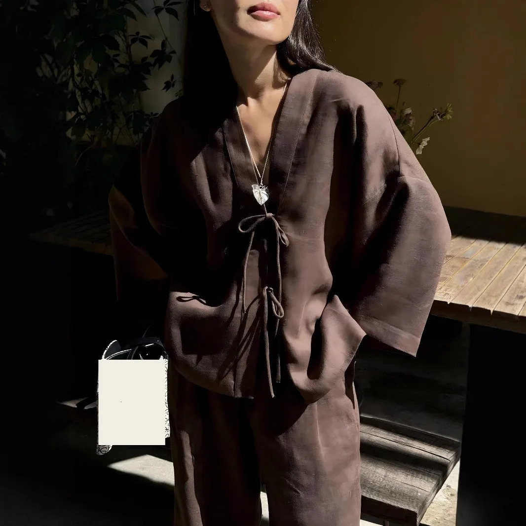 Summer Cotton Matching Sets 3/4 Sleeve V-Neck Blouse Casual Trousers 2 Piece Sets Woman Fashion Street Suit Loose Outfits 250714