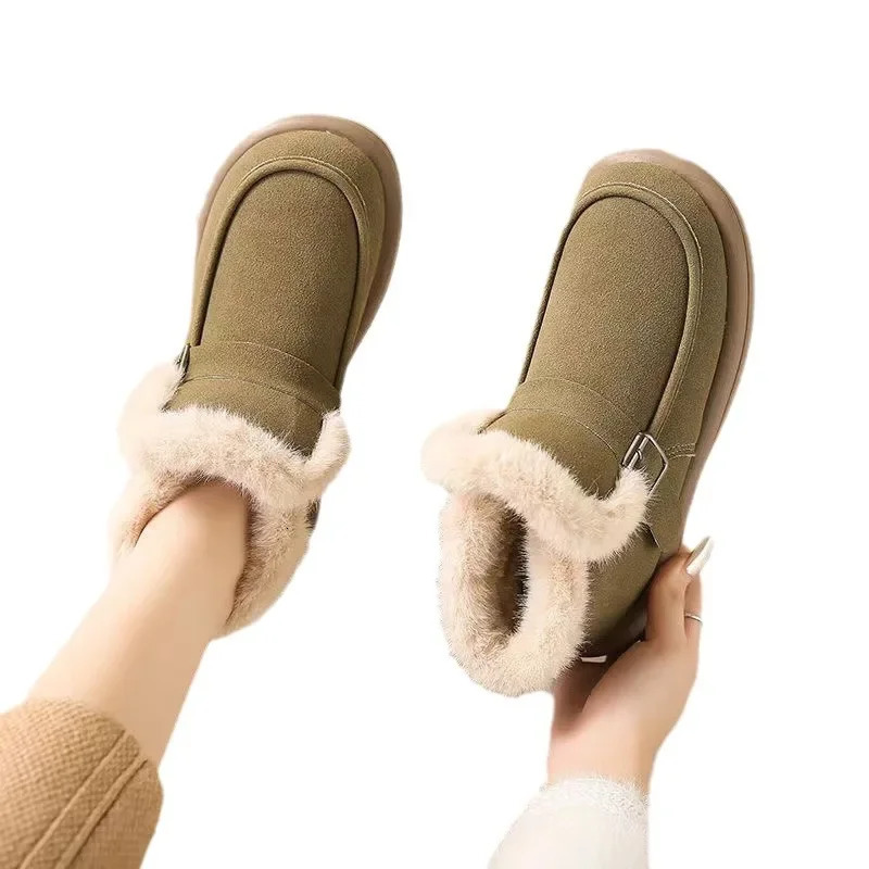 Winter Womens Snow Boots Korean Version Plush Comfortable Super Warm Anti Slip Soft Bottom Belt Buckle Womens Shoes 250717