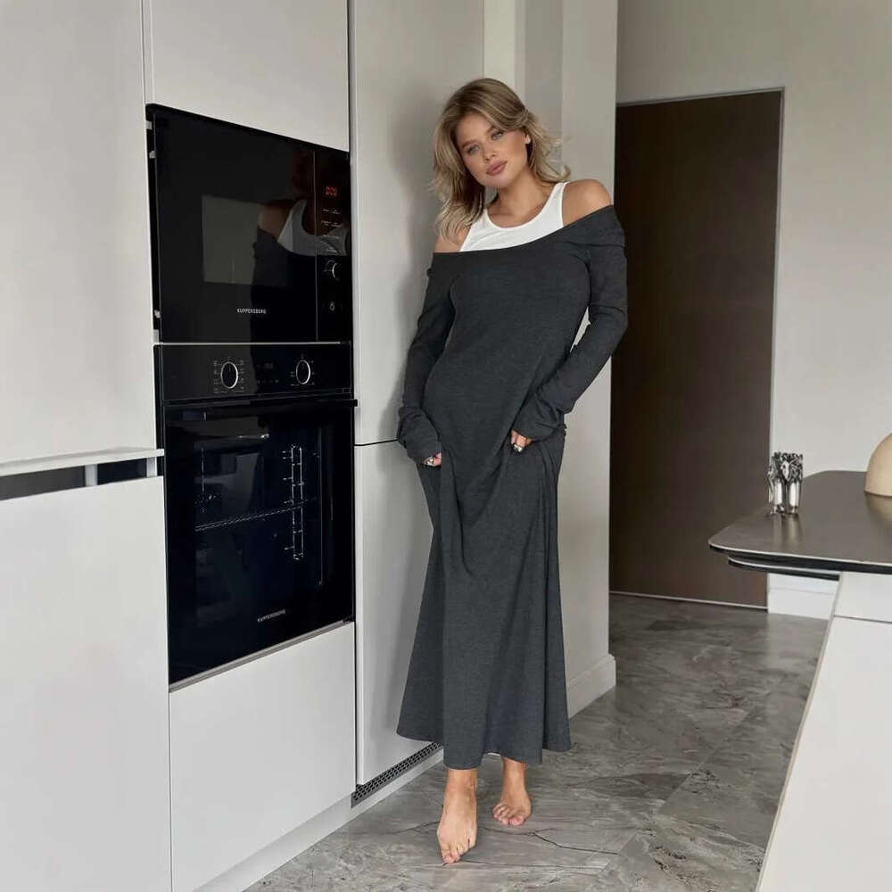 New Long Sleeve Patchwork Fake Two-Piece Vest Sexy Modal Elegant Dress B5