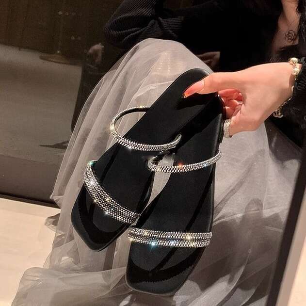 Su Yinyin Fashion Sandals Summer Outdoor Rhinestone Shiny Silver Strap Single 2024 Spring Women's Shoes