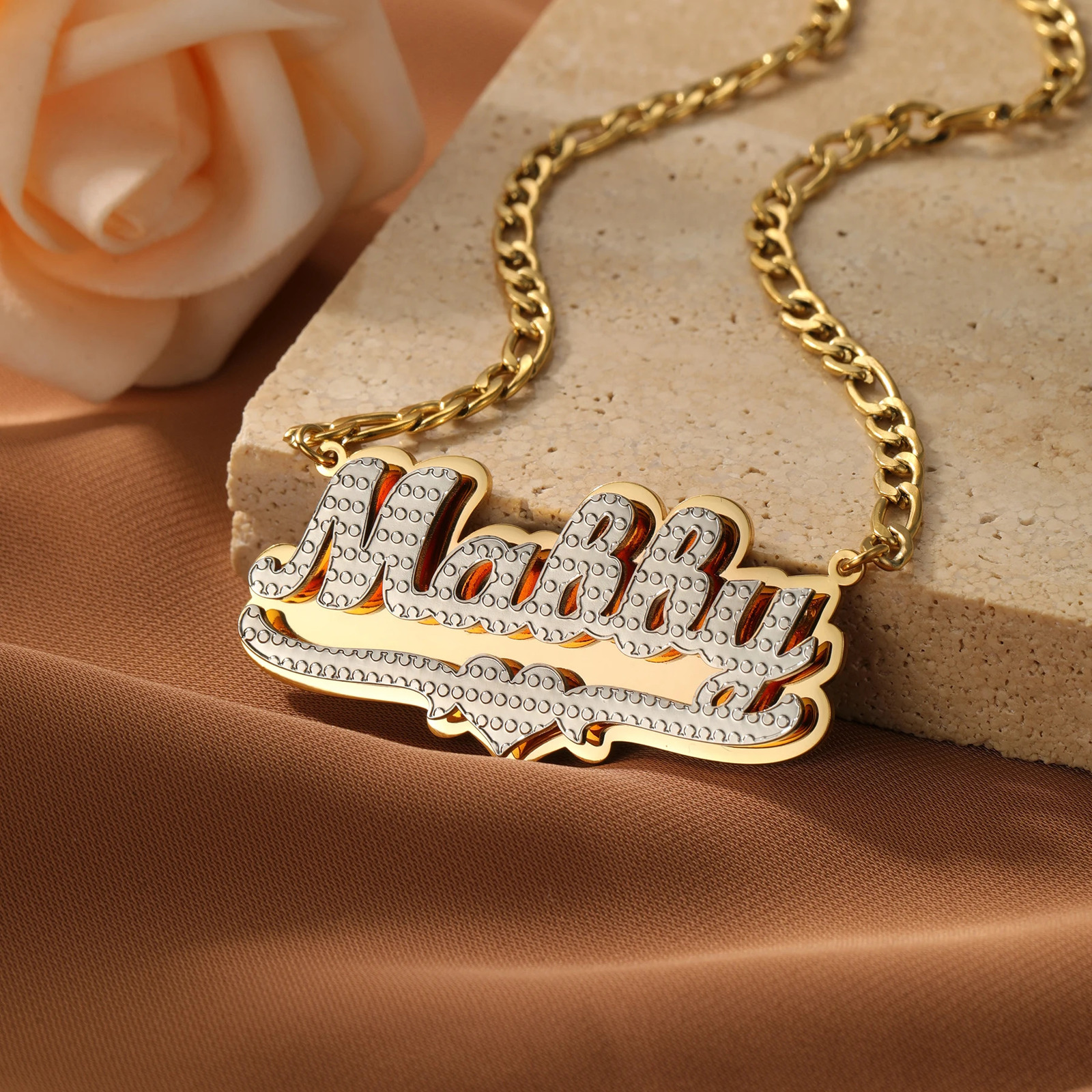 3D Custom Nameplate Necklace 18K Gold Plated Double Layer Two-Tone Personalized Name Necklaces With Heart Figaro Chain For Women 250717