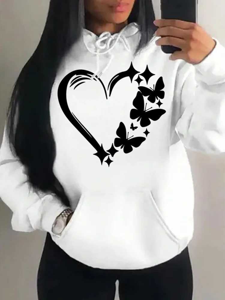Combination Of Love And Butterfly Pattern Sweater Women Hip Hop Street Hoodies Trendy Pocket Clothes Vintage Multicolor Hoodie XJ250717