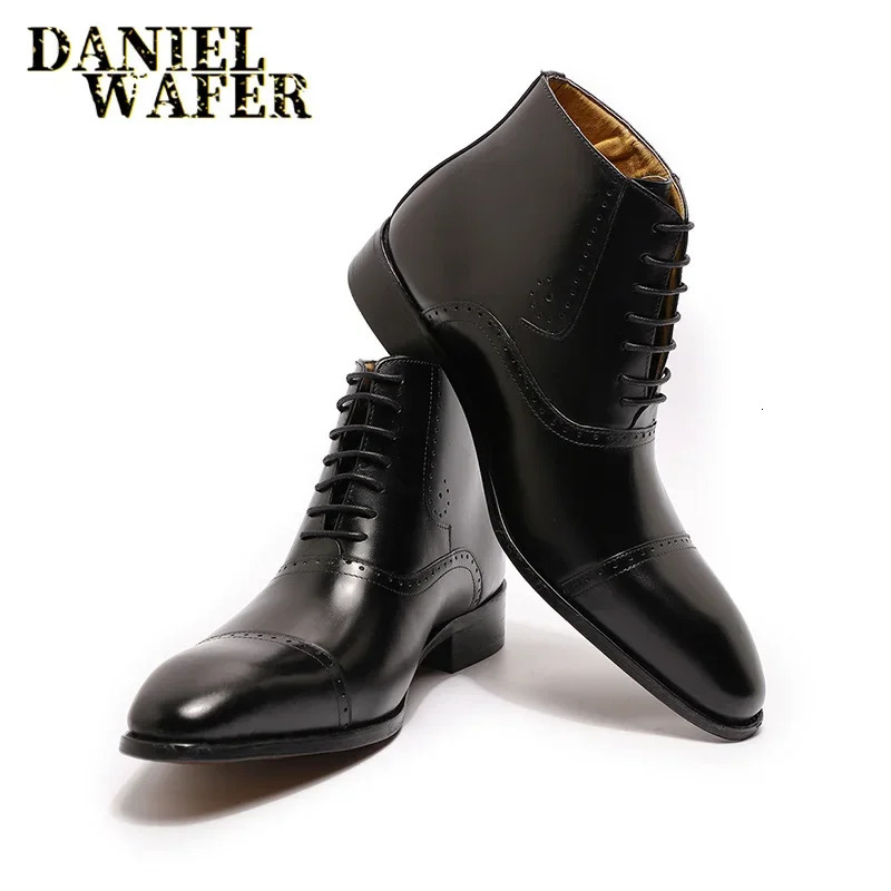 Fashion Mens Ankle Boots Formal Dress Leather Shoes Western Cowboy Style Lace-Up Casual Brown/Black Boots for Men 250715