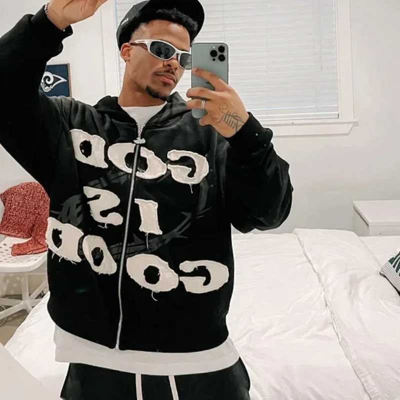 2K American New Trend Retro God Is Good Casual Street Wear Zip-Up Hoodie Mens And Womens Harajuku Hip-Hop Gothic Street Wear X2507181