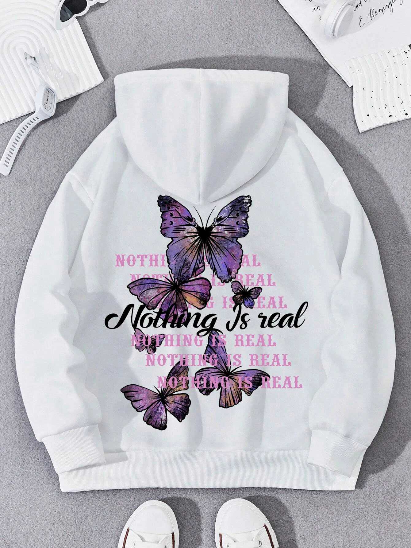 Butterfly Phrase Printing Hoodie Women Face Oversized Hoodies Warm Comfortable Hoodie Casual Pocket Drawstring Tops Fe XJ250717