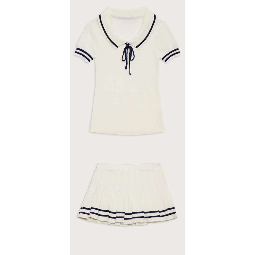 Summer New College Style Knitted Color Block Polo Collar Short Sleeve T-Shirt Pleated Mini Skirt Set B5