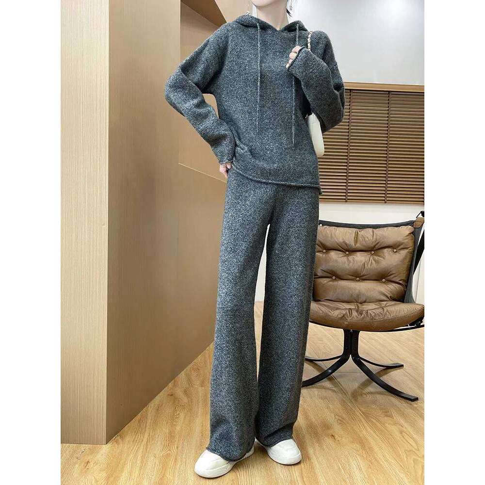Women Hooded Pullover Straight Pant Suit Autumn Winter 100% Merino Wool Knitwear Sweater Pants Casual Loose Set Clothes