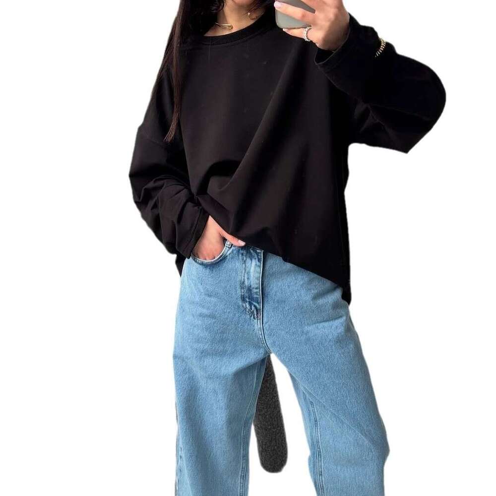 Spring New Solid Color Long Sleeve T-Shirt For Women Loose Fit Pure Cotton Round Neck Basic Top B5