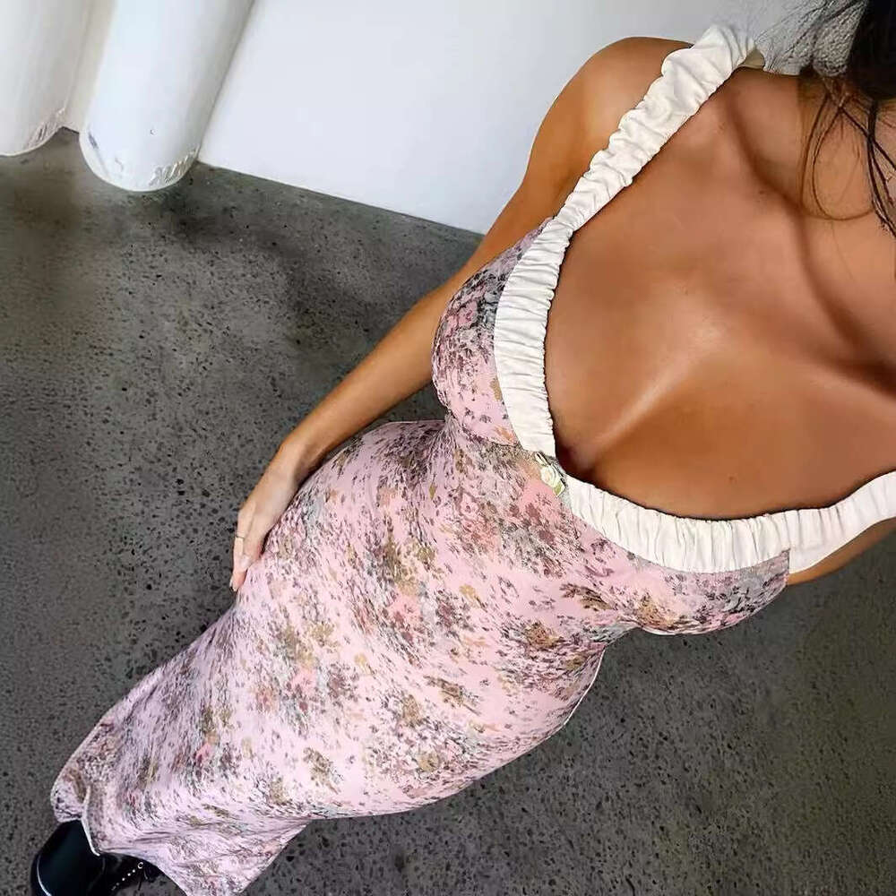 French Floral V-Neck Ruched Strap Slim Fit For Women Early Spring New Beach Vacation Long Dress B5