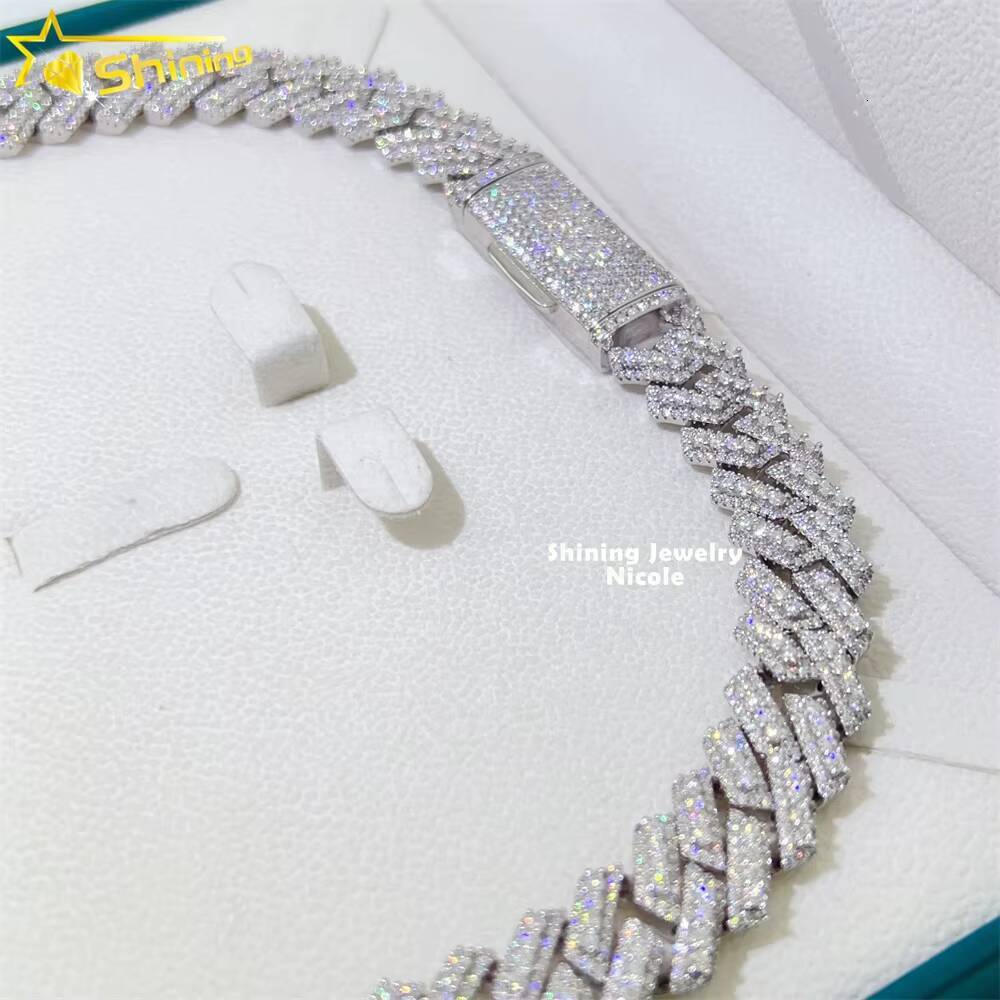 Hip Hop Fine Jewelry Vvs Diamond 3 Rows 15mm Cuban Link Necklace 925 Silver Men Moissanite Cuban Chain