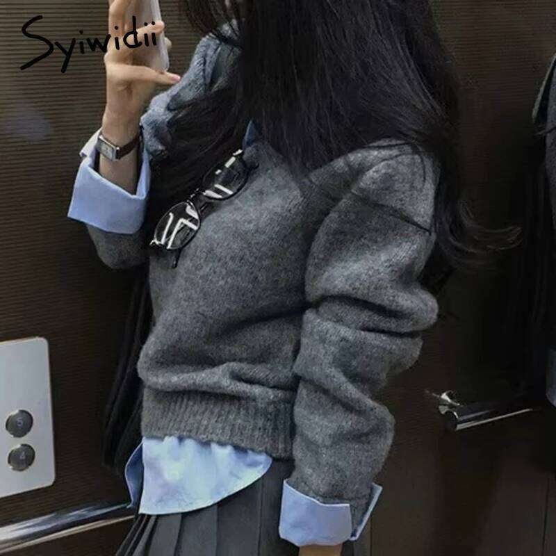 Syiwidii Simple Fake Two-Piece Knitted Women Pullover Fashion Lapel Long Sleeve Sweater 2025 Early Spring New Chic Female Tops MDNG