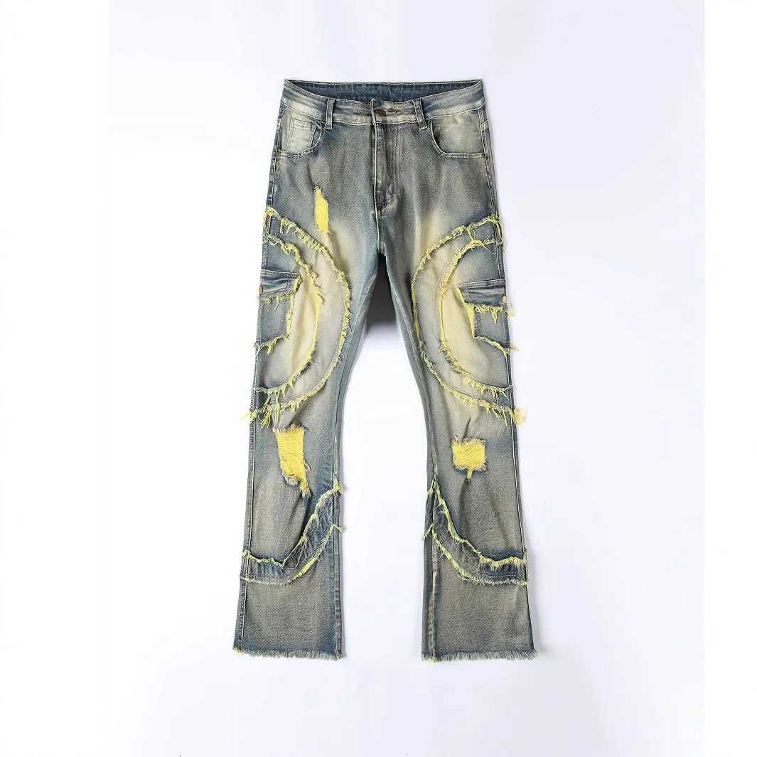Four Seasons Mens American Style High Casual Street Loose Bootcut Jeans Pants Trendy Wide Leg Hole Patched Denim Trousers Male X250718