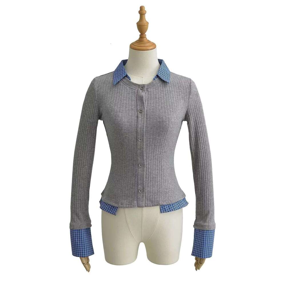 Plaid Patchwork Fake Two-Piece Polo Collar Long Sleeve Knitted Sweater For Women, College Style Slim Fit Base Shirt Top B5