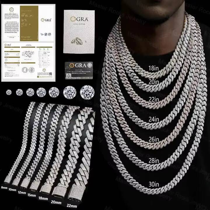 8mm One Row Big Stone Iced Out Moisssanite Cuban Link Chain Miami Hip Hop 925 Silver Moissanite Cuban Chain