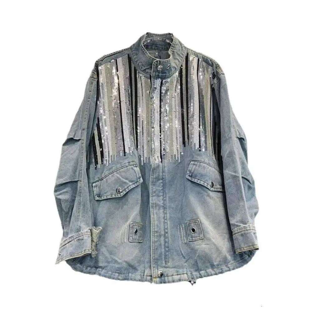 DEAT 2024 Autumn Trendy Fashion Women Striped Sequins Design Loose Denim Coat Turn-Down Collar Long Sleeve Jacket Female 29L8081