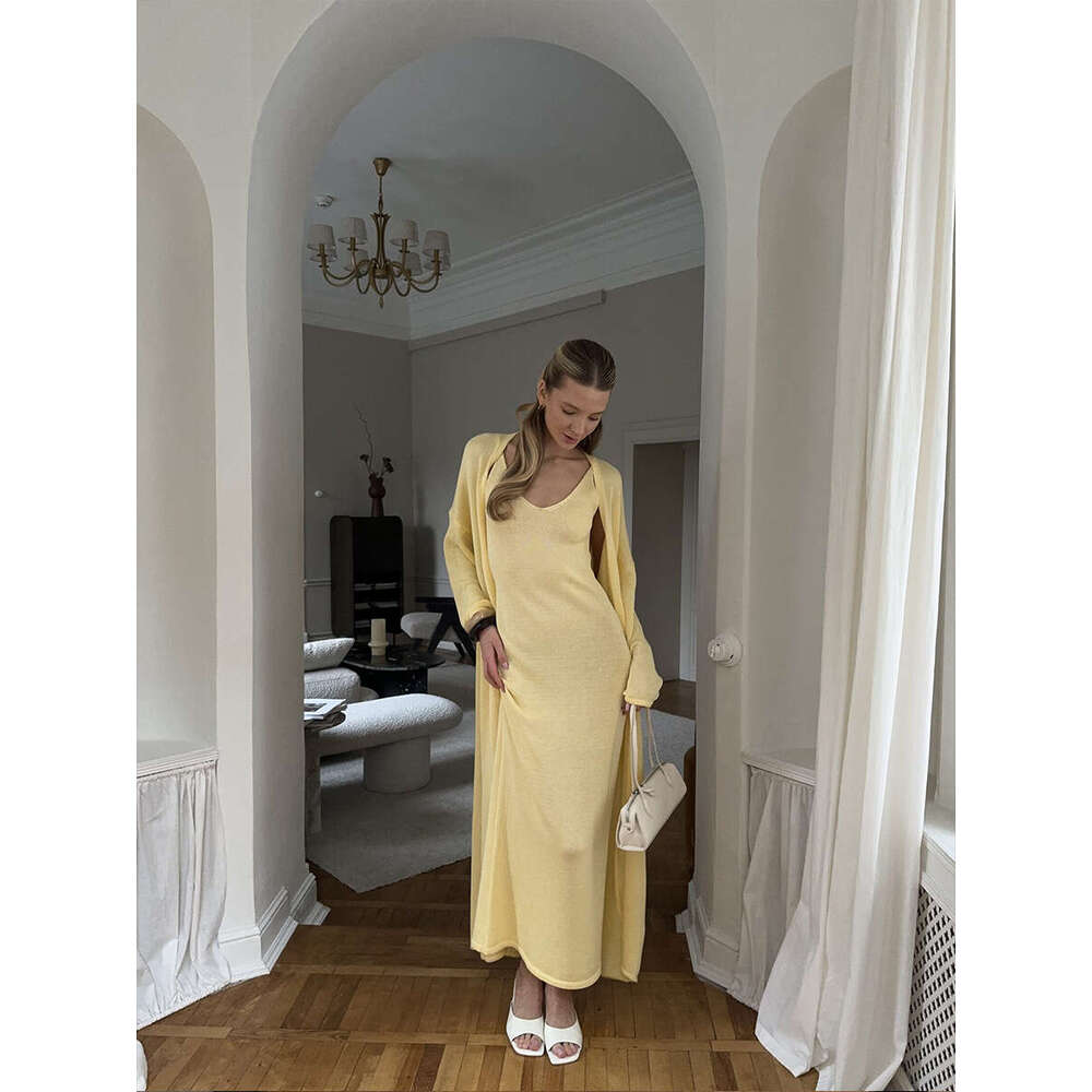 Pure Cotton Hollow Out Vest Dress + Long Sleeve Cardigan Set For Women Soft Knitted Cover-Up B5