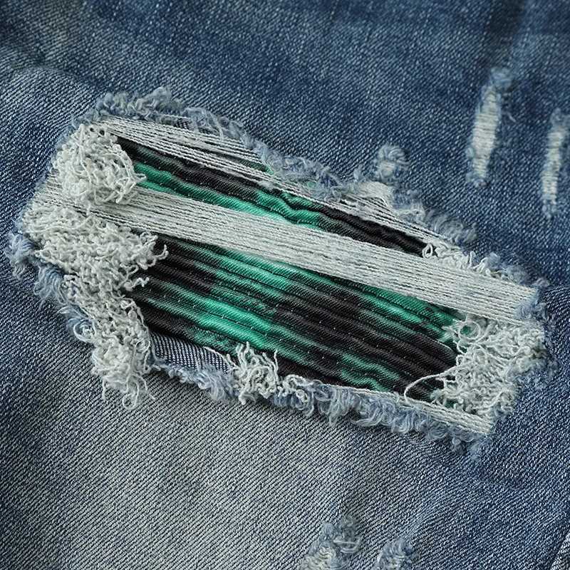 Street fashion boutique mens retro blue ripped patch jeans elastic tight jeans designer hip-hop brand high-quality pants for men X2507181