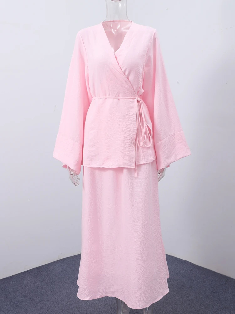 Casual Long Sleeve V Neck Shirts Long Skirt Suit Chic Solid Lace Up Shirt A Line Skirt Set for Women 2025 Lady 2 Pcs Outfits 250715