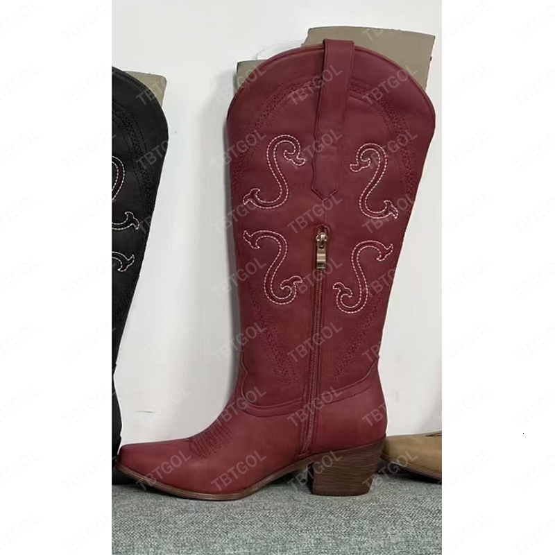 Women Cowboy Boots Retro Thick Heel Western Boots Autumn Winter Embroidered Zipper Boots Christmas Music Festival Fashion Outdoor Boot XY52