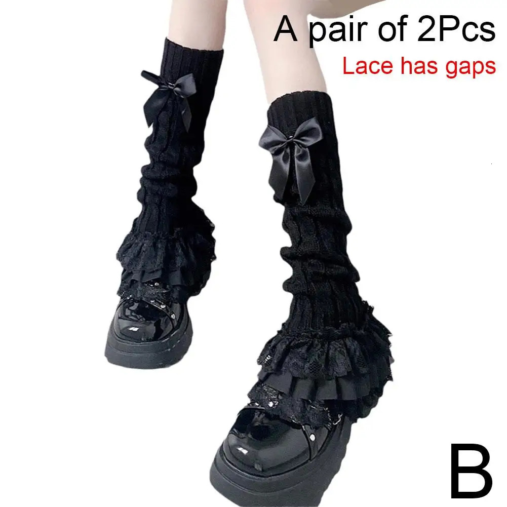 Japanese Women Knitted Leg Warmer Bow Tiered Ruffled Socks Girl Lace Lolita Socks Calf T-shaped Lace Leg Horn Warmers Women P1J5 250717