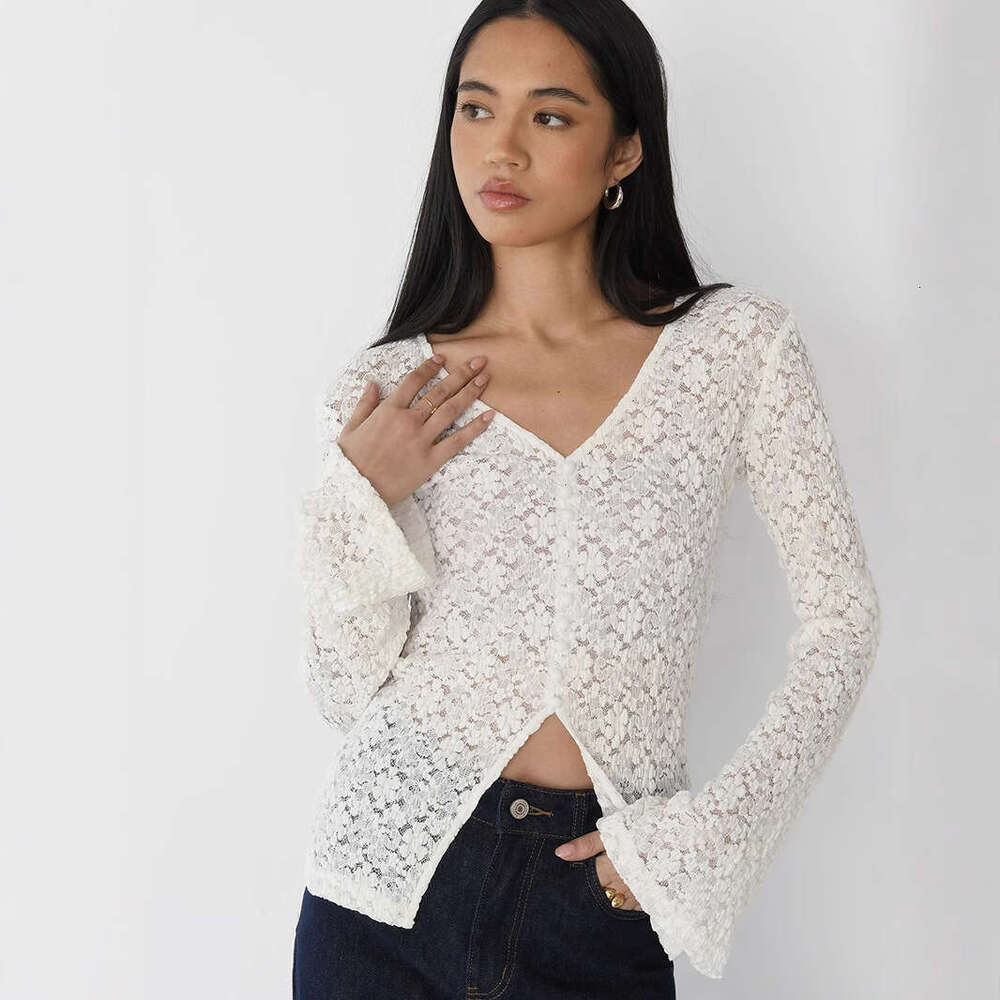 New Style Lace Hollow Out Base Shirt Pearl Button Split Tight Bell Long Sleeve T-Shirt For Women B5