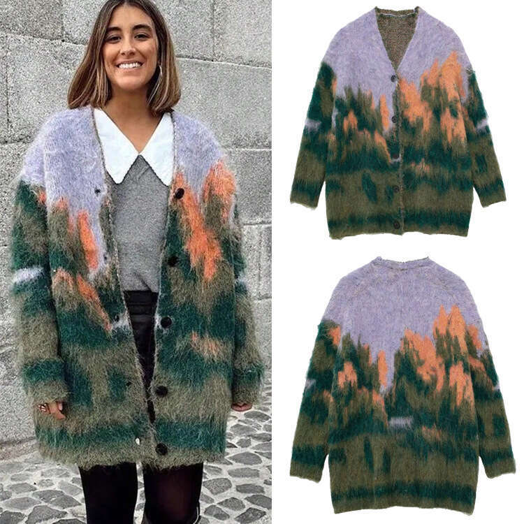 TRAFZAINS Autumn Winter Style Landscape Pattern Long Sleeve V-Neck Loose Knitted Coat Jacket B5