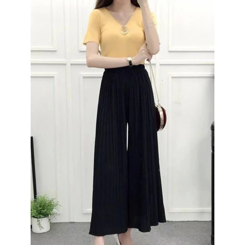 Summer Womens Pants Korean Fashion Solid Elastic Waist Pleated Loose Skirt Plus Size Casual Wideleg Cropped 250714