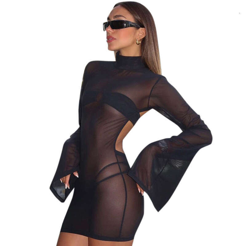 Fashion Summer New Women's Backless Mesh Flare Sleeve Short Sexy Hot Girl Bodycon Dress B5
