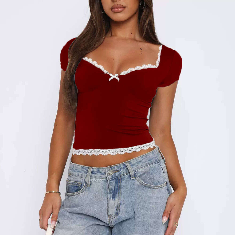 American Style Lace Square Neck Short Sleeve T-Shirt For Women Summer Slimming Versatile Basic Top B5 g5